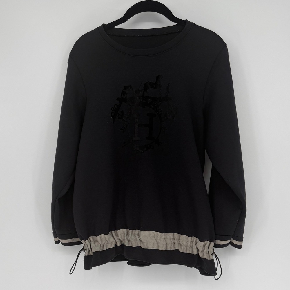 Black Crewneck Sweatshirt with Flocked Crest and Adjustable Drawstring Hem